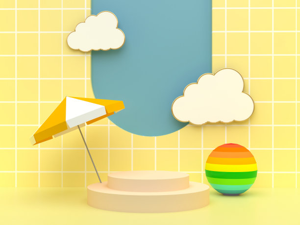 舞台讲台与海滩主题与蓝色拱门粉彩黄色墙纸。用于儿童产品展示的基座。几何的3 d渲染图片下载