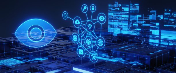 三维全息眼睛图标与技术图表漂浮在网络空间。三维渲染图片下载