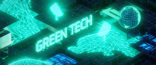 绿色科技概念的等距图解。三维渲染图片下载