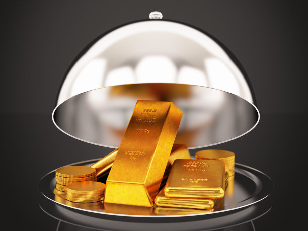 提供金条，锭和硬币与餐厅钟图片下载