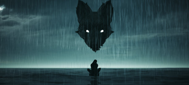 女人黑色剪影独自坐在雨抽象黑狗抑郁心理健康深蓝色多云的天空图片下载