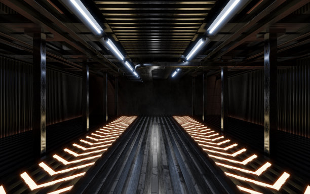 黑暗的建筑与霓虹灯照明，3d渲染。图片下载