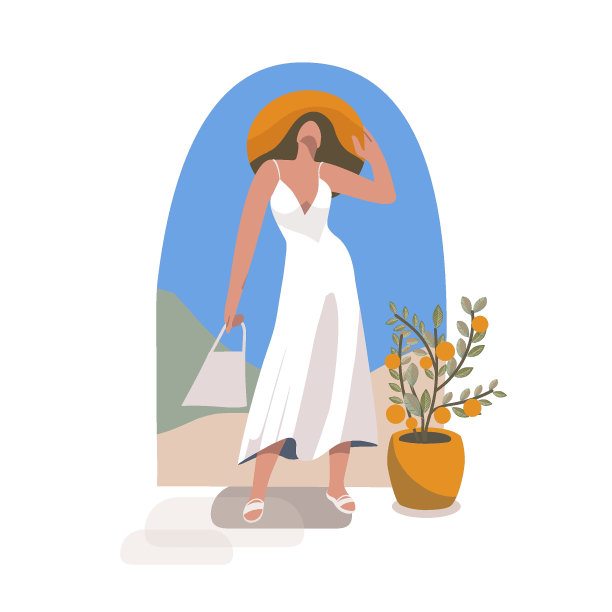 矢量插图的一个女孩与白色的辫子，在一个红色的大手帕，站在半转，她的手鸡尾酒在拱门上，你可以看到蓝色的天空，柠檬树，假期的心情。图片下载