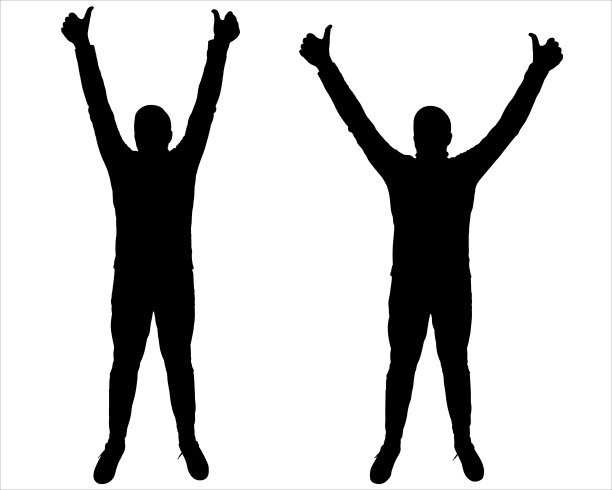 两个男人站着，举起双手，做了一个竖起大拇指的手势。情感——胜利，快乐，幸福，优越，第一。举手的男人。两名黑人男性的剪影被隔离在白色上图片下载