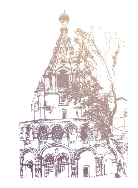 矢量追踪了雅罗斯拉夫尔市古代钟楼的金色建筑草图，传统的斜屋顶，分层屋顶窗，桶柱拱廊图片下载