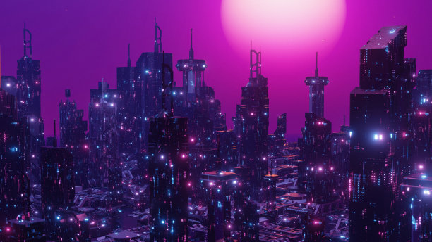现代大都会数码城市迪斯科未来概念背景3d插图图片下载