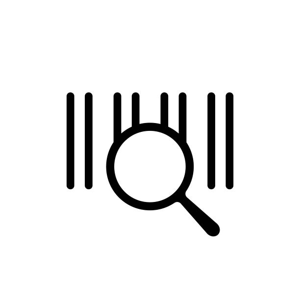 放大镜和条形码矢量图标黑色轮廓。产品搜索概念。新潮的平面孤立的符号，标志:插图，横幅，标志，移动，应用程序，设计，网页，ui, ux。向量EPS 10图片下载
