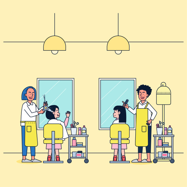 卡通风格。一套美容院，孤立的理发师在美容院为顾客做造型。图片下载