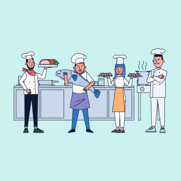 厨房有一个很大的餐厅团队，有很多部门。图片下载