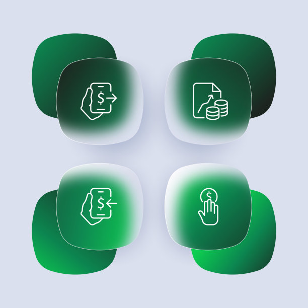 钱设置图标。手里的口袋，支付，网上银行，硬币，交易，非接触式支付，图表，收入，工资，损失，费用。经营理念。Glassmorphism风格。矢量线图标的业务图片下载