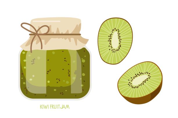 玻璃罐猕猴桃果酱和新鲜猕猴桃。无花果罐头水果。果酱罐子。自制的准备和罐头。水果保存矢量插图。农民市场品牌。有机食品模板图片下载