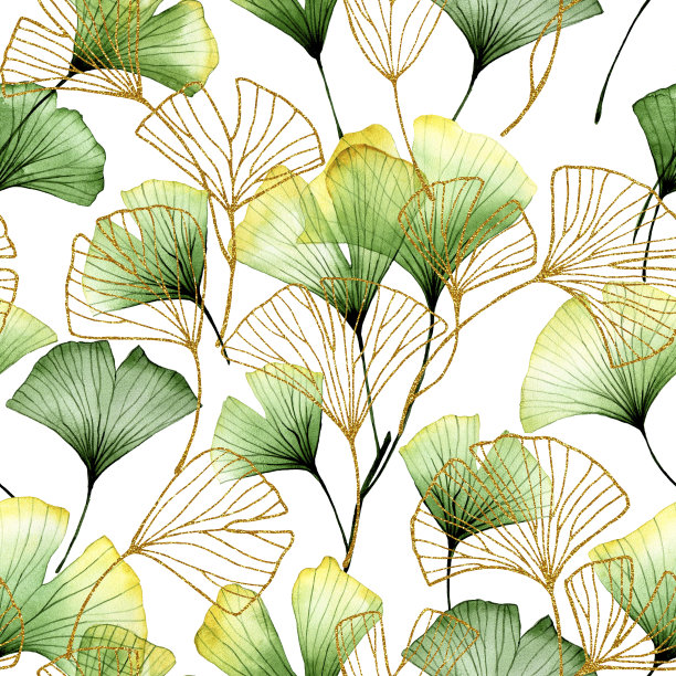 水彩无缝图案与热带银杏叶。绿色和金色的叶子在白色的背景。复古印花，透明的叶子和花朵x光图片下载