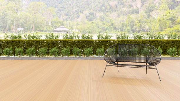 最小的户外休闲平台和座椅的背景与美丽的山景，3D插图渲染图片下载