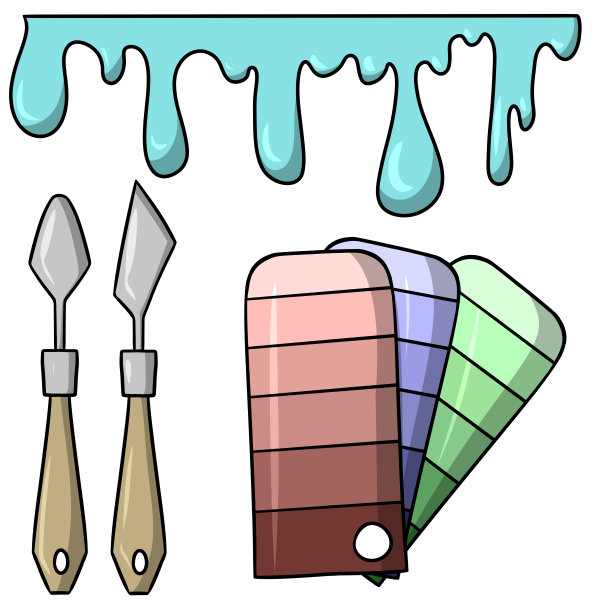一大块有条纹的颜料、调色板刀和用于卡通风格绘画的调色板图片下载