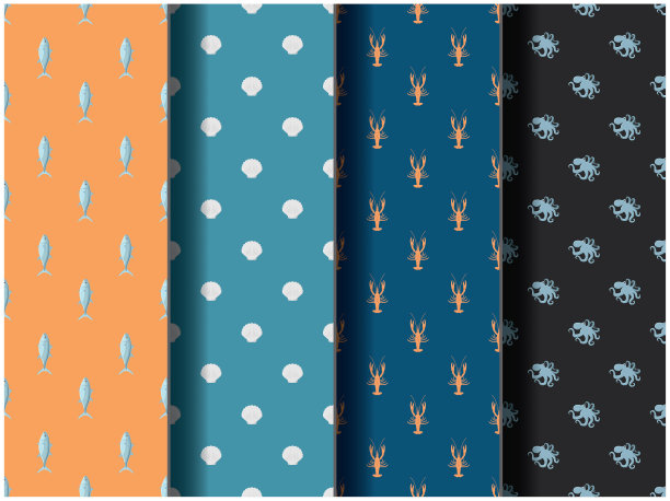 壁纸背景图案模板图标派对卡通海报传单矢量调色板海鲜熟盘章鱼标志鱼咖啡馆虾鲑鱼龙虾螃蟹晚餐自然设置贝类餐厅标志图片下载