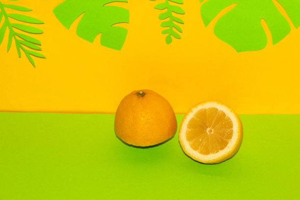柠檬切片，在黄绿色的背景上，用丛林的树叶做创意夏季健康食品图片下载