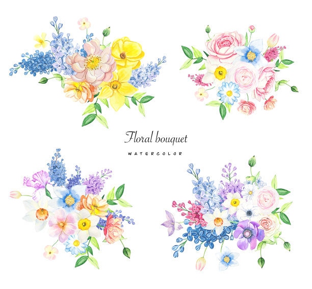 水彩套花安排夏天的花，完美的贺卡，婚礼邀请。孤立在白色背景上图片下载