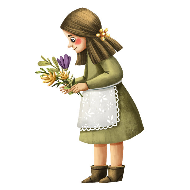 拿着花束的乡村孩子的可爱插图。有趣的小女孩。小学女学生。微笑的小画像。可爱的卡通人物。手绘风格的艺术。可爱的白色围裙。小女人。站着的女孩。图片下载
