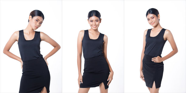 半身像20多岁的亚洲女人黑色长直发巨大的短裙图片下载