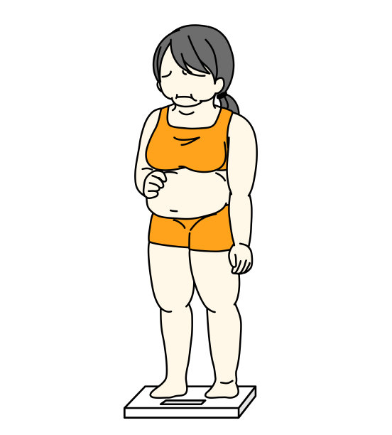 这是一个女人在称体重，担心她松弛的腹部的例子。图片下载