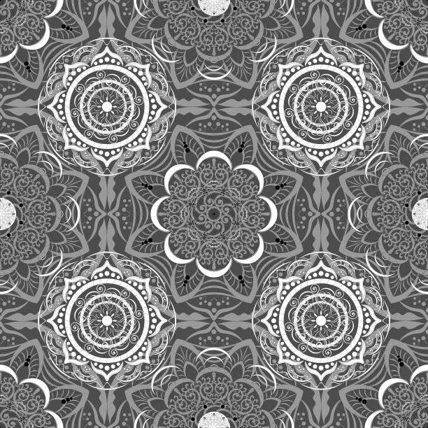 曼荼罗，民族和漩涡图案，灰色背景。图片下载
