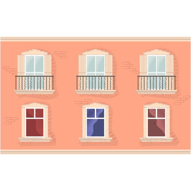 阳台栏杆和玻璃窗矢量房子建筑外墙立面平面插图孤立在白色背景。建筑设计元素。现代家居公寓外观图片下载