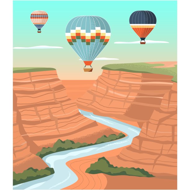 空中热气球飞越峡谷景观矢量图片下载