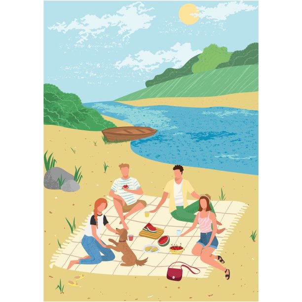 朋友们夏天在河边野餐矢量卡通图片下载
