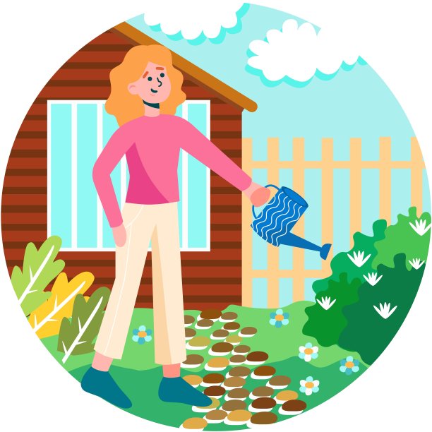 女人浇水花在院子矢量插图图片下载