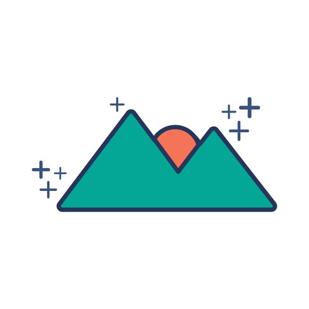 山和太阳图标矢量插图字形风格设计与颜色和加号。孤立在白色背景。图片下载