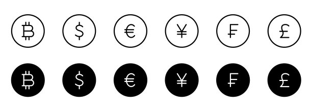 世界货币线条和轮廓图标集合：欧元图片下载