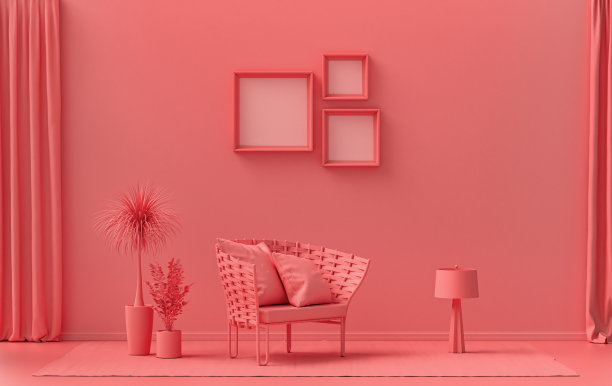 三框画廊墙，单间浅粉色的家具和植物图片下载