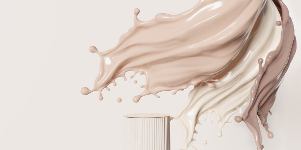 3D米色平台显示与液体粉底溅在明亮的背景。裸色和棕色乳霜流动展示，美容产品，化妆品推广。抽象3D渲染图图片下载