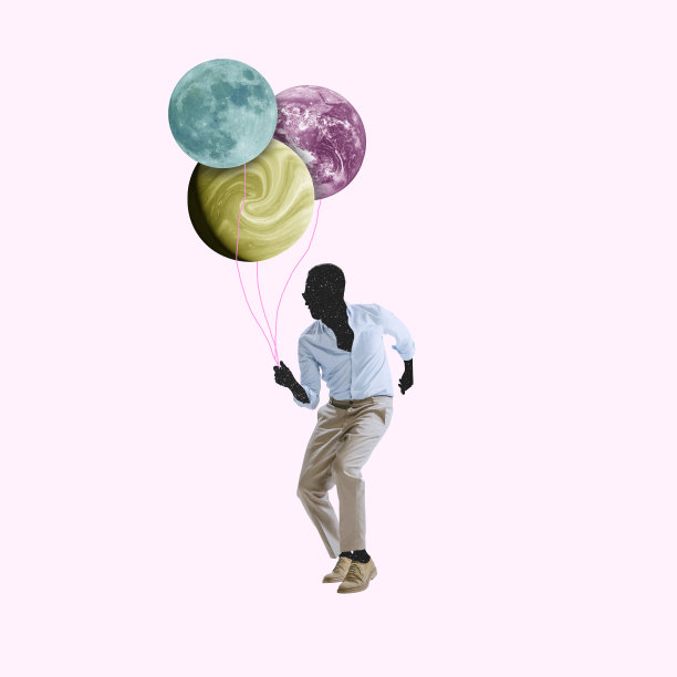 当代艺术拼贴。面无表情的型男拿着气球，在灯光背景下独自跳舞。概念复古时尚，创意，音乐，空间图片下载