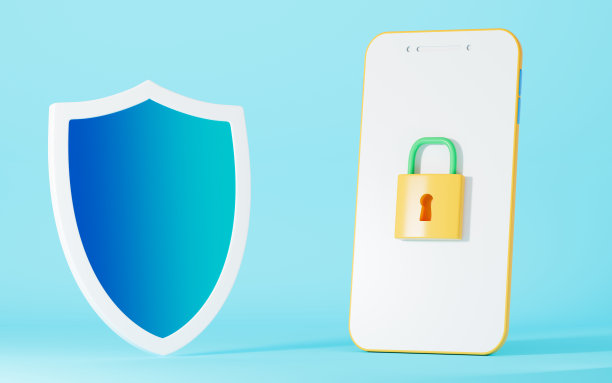 手机和盾牌以蓝色为背景，3d渲染。图片下载