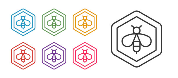 设置线蜂和蜂窝图标孤立在白色图片下载