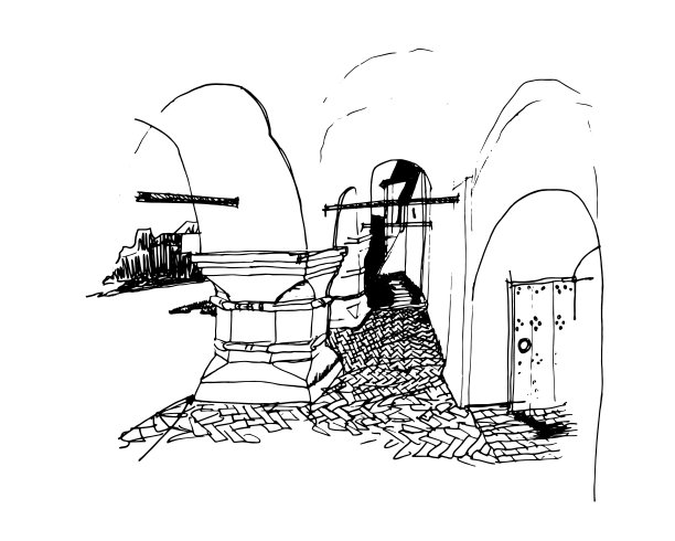 矢量描摹手绘古代东正教教堂的建筑草图与拱顶，拱门，多面圆柱，铺砖地板图片下载