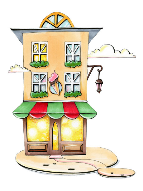 素描卡通风格的马克笔和铅笔与彩色顶棚冰淇淋明亮可爱的打印与阁楼和温暖的欧洲房子在白色背景上接近图片下载