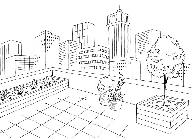 屋顶花园城市图形黑白室内草图插图矢量图片下载