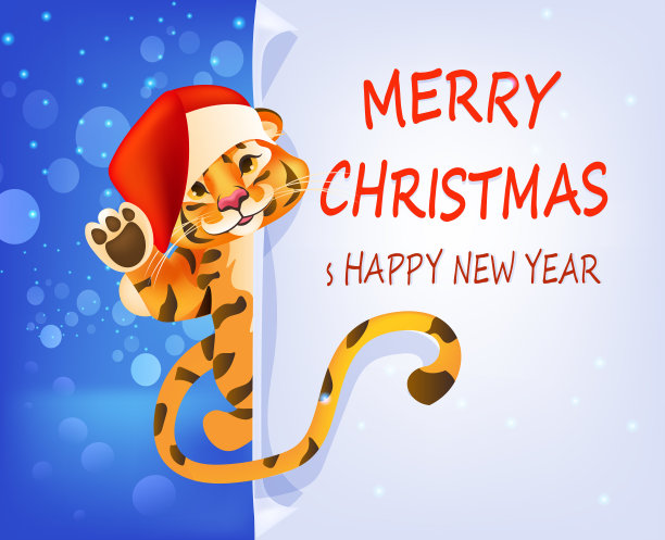可爱的老虎在圣诞老人的帽子快乐新年快乐图片下载