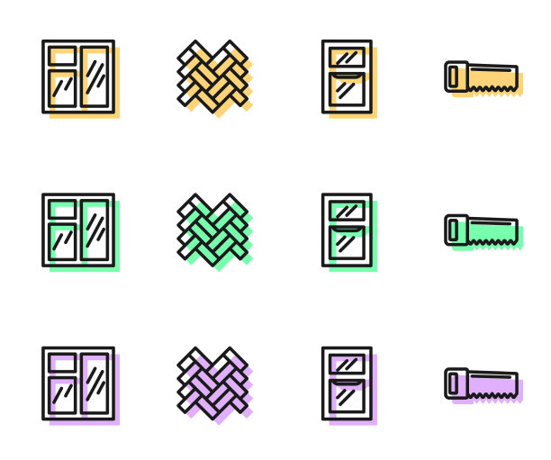 在房间镶木地板上设置线窗和手锯图标图片下载