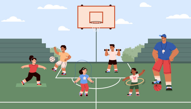 儿童体能训练，矢量平面插图。人类玩球，做运动。图片下载