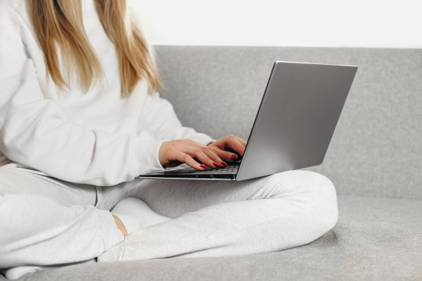 远程培训。在线工作。一个年轻的女人坐在沙发上用她的笔记本电脑。图片下载