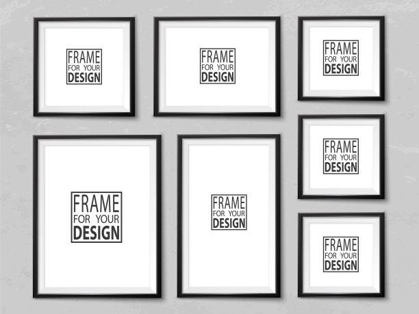 框架墙画廊在垃圾浅灰色的墙壁上。黑框模型。为你的设计空框。为绘画，绘图，海报，引用或照片的矢量画框模板。图片下载