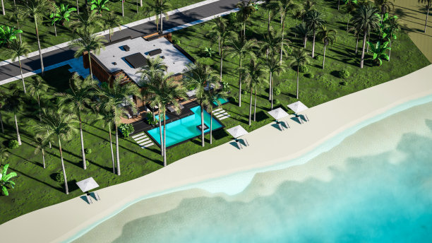 3d渲染现代住宅与木板立面的大海或海洋图片下载