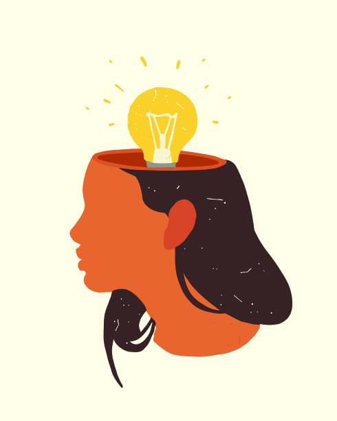 女性的侧脸，头部有个灯泡图片下载