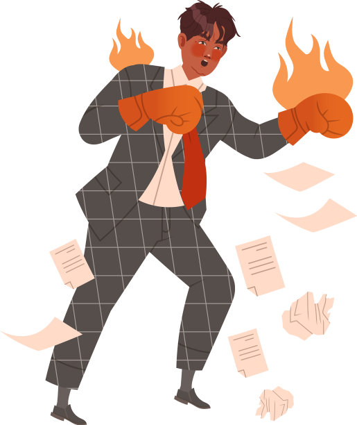 愤怒的老板戴着燃烧的拳击手套继续战斗图片下载