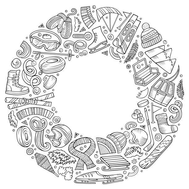 一套冬季运动卡通涂鸦对象图片下载