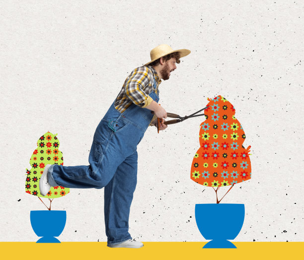 有趣的红发大胡子的艺术作品，农民与大花园剪刀孤立在光背景与绘制的植物。专业的职业观念，工作观念。图片下载