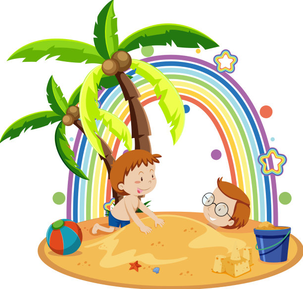 彩虹带着爸爸和儿子在岛上图片下载